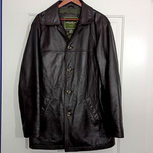Eddie Bauer Men's Dark Brown Leather Jacket Coat Long Length Button Up M